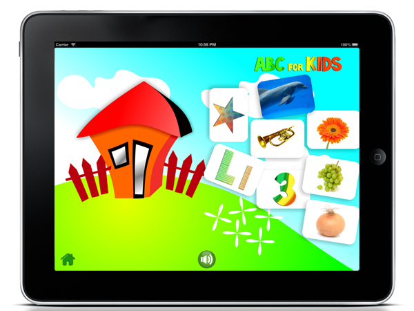 ipad game with shapes, animals, musical instruments, flowers, letters, numbers, fruits, vegetables