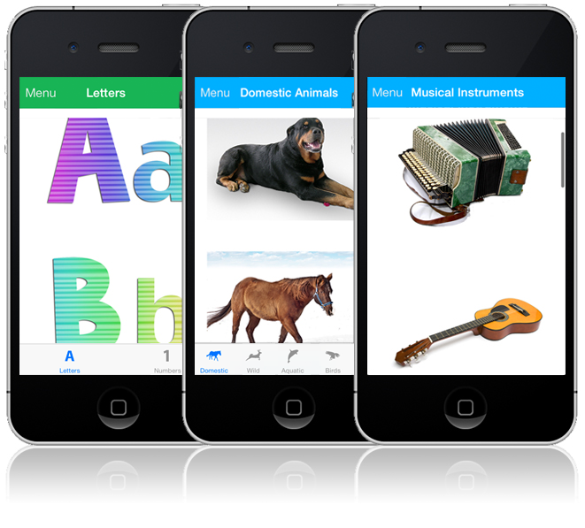 iphone app letters, animals, musical instruments